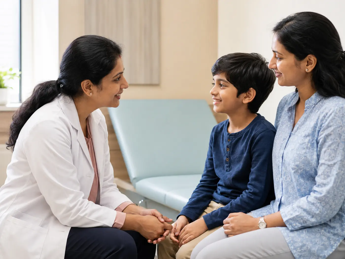A pediatric clinician speaking with a child and parent