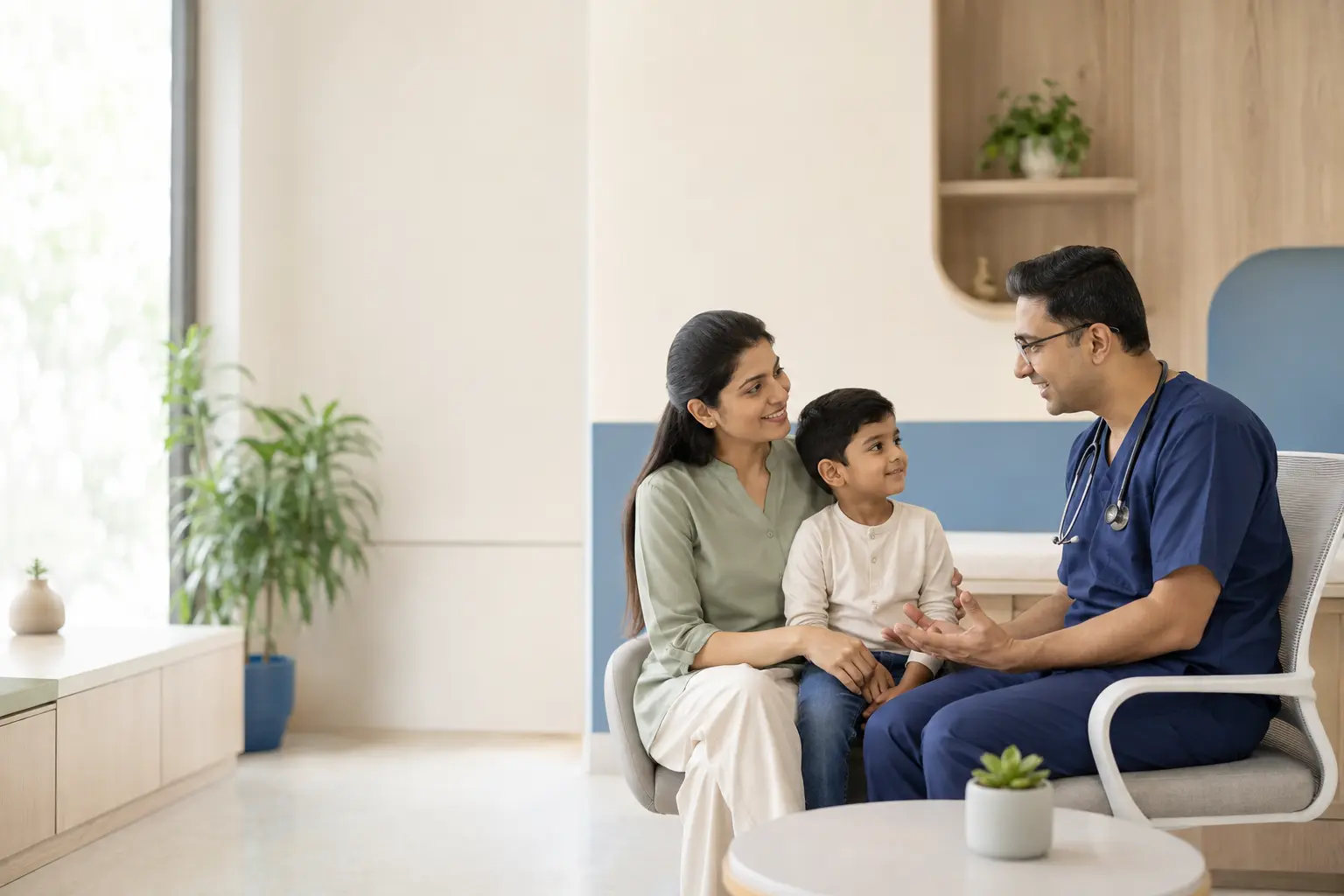 A child, parent and clinician talking in a calm consultation room